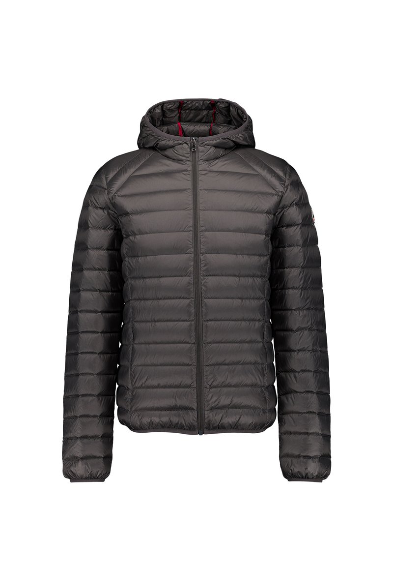 Veste matelassée noire légère avec capuche et fermeture éclair frontale, conçue pour temps froid.