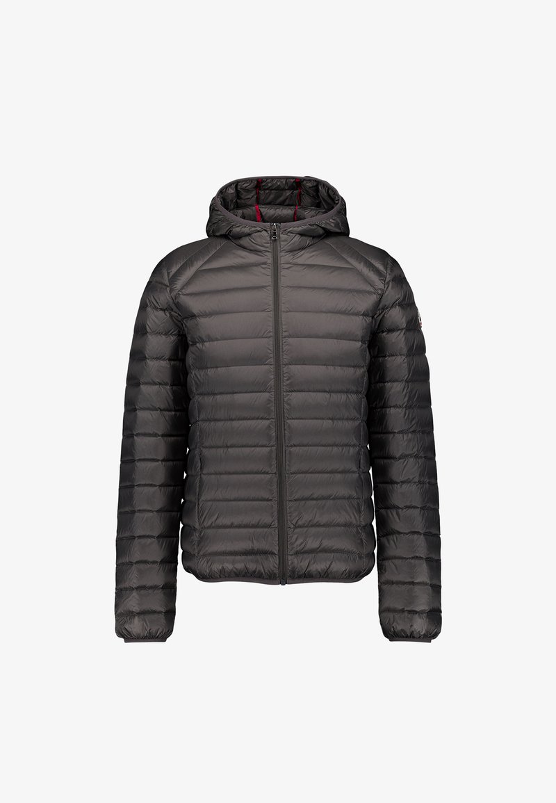 Schwarze leichte gesteppte Steppjacke mit Kapuze und vorderem Reißverschluss, entworfen für kaltes Wetter.