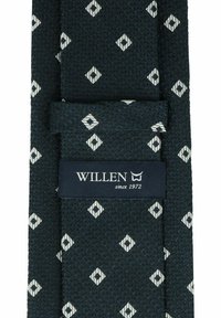 Marineblauer, strukturierter Krawatte mit einem geometrischen Rautenmuster in Weiß. Enthält ein Etikett mit der Aufschrift "WILLEN seit 1972."