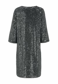 Kortärmad klänning i knälängd av mörkgrått tyg med silverpaljetter, med rund halsringning och en avslappnad silhuett.