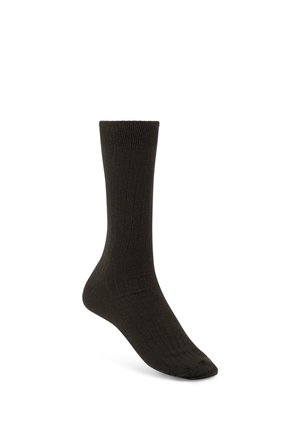 Une chaussette côtelée marron foncé unique affichée verticalement sur un fond blanc, montrant toute la longueur de la manchette jusqu'aux orteils.