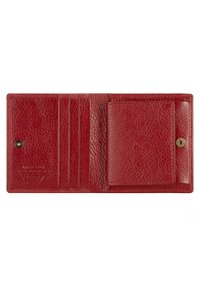 Rote Lederbörse mit strukturiertem Finish, mehreren Kartenfächern und einem kleinen Fach, das durch einen Druckknopf gesichert ist.