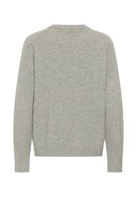 Hellgrauer Strickpullover mit Rundhalsausschnitt, langen Ärmeln und geripptem Saum. Die Textur ist weich und leicht flauschig mit einer glatten Oberfläche.