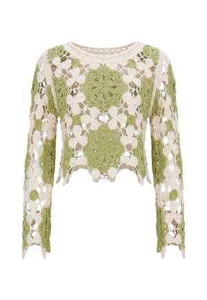 Langærmet hæklede top med grønne og beige blomsterprint og åben strikket design, rund halsudskæring og skålsyet kant.