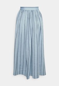 Gonna azzurra chiara con strisce verticali blu navy, design plissettato e vita aderente. Realizzata in tessuto morbido con una silhouette fluida.