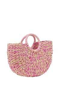 Borsa intrecciata con parte superiore arrotondata, caratterizzata da tonalità di rosa e beige naturale. Presenta due manici circolari e un design texturizzato e intrecciato.