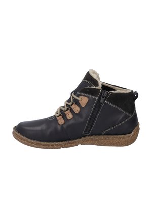Black leather ankle boots with a textured brown sole, side zipper, and tan lacing accents. Fleece lining visible at the collar.