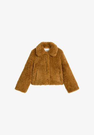Braune Kunstfelljacke mit einem Kragen, langen Ärmeln und einem cropped Design. Sie hat eine weiche Textur und keine sichtbaren Verschlüsse.