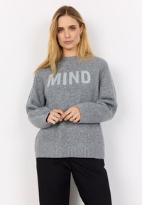 Grauer Strickpullover mit dem Schriftzug "MIND" auf der Vorderseite, Rundhalsausschnitt und gerippten Bündchen. Weiche Textur mit lässiger Passform. Kombiniert mit schwarzer Hose.