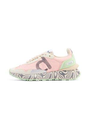 Low-top sneaker with pink, cream, and mint green panels, large embroidered logo, and patterned thick sole in black and white, side view.