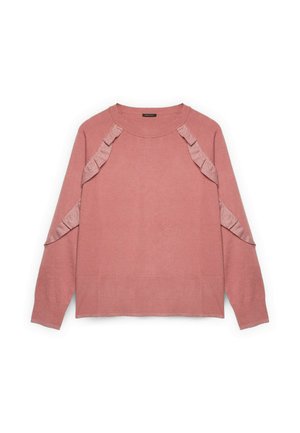 Pull rose avec des manches longues, des accents froncés le long des épaules, un col côtelé et un ourlet droit. Texture douce en tricot.