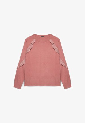 Maglione rosa con maniche lunghe, dettagli arricciati sulle spalle, scollatura a coste e orlo dritto. Texture morbida e lavorazione a maglia.