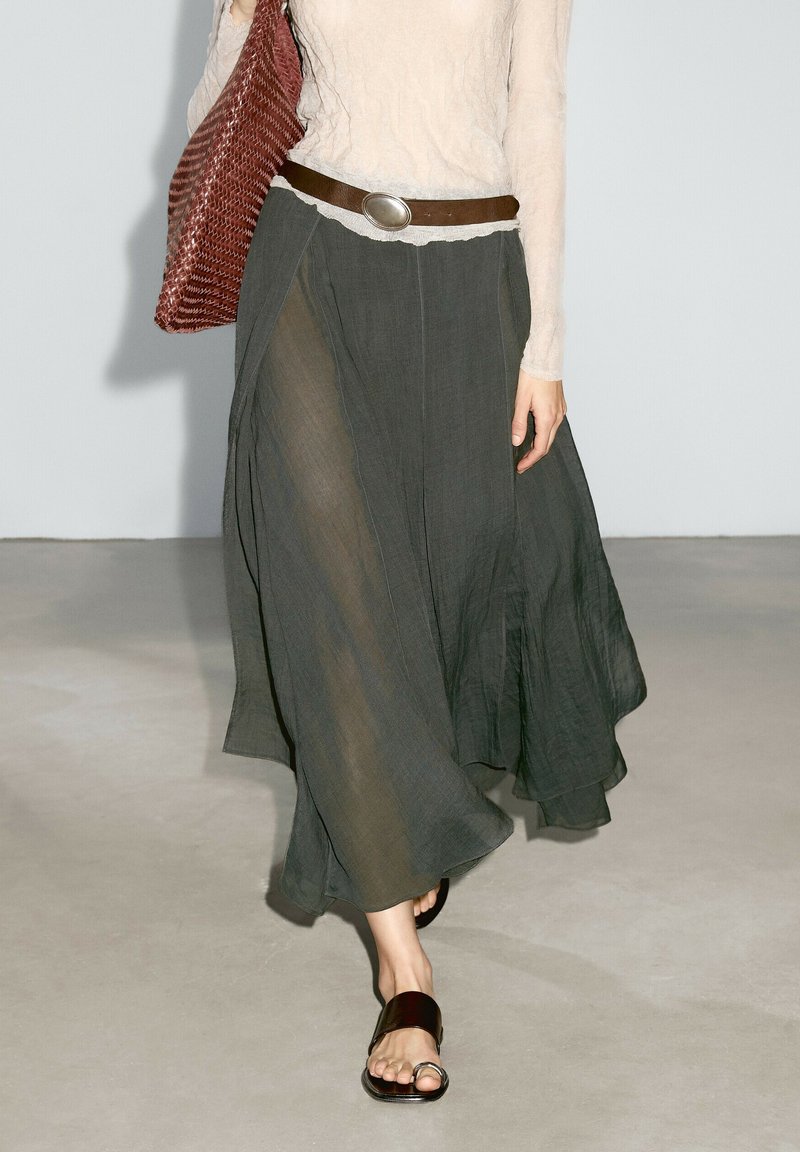 Massimo Dutti - LONG FLOWING WITH RUFFLES - Maxi skirt - green, Enlarge