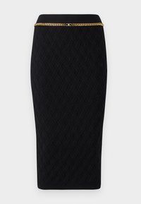 Black pencil skirt featuring a textured woven pattern, a gold chain accent at the waist, and a fitted silhouette.