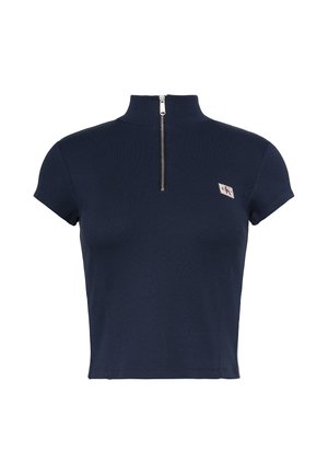 Haut court bleu marine à manches courtes avec col montant, fermeture éclair argentée à l'avant et petit écusson du logo CK sur la poitrine gauche.