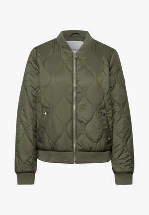 Olivově zelená prošívaná bomber bunda se předním zipem, žebrovaným límcem, manžetami, spodním lemem a dvěma kapsami na druky.