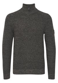 Mørkegrå halv-lyn Sweater lavet af tekstureret strikket stof, der har lange ærmer og en opretstående krave. Bemærk: lille logo på ærmet.