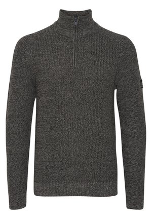 Tumši pelēks pus-zip džemperis izgatavots no teksturēta dzijas auduma, ar garām piedurknēm un uzacīšu apkakli. Piezīme: mazs logo uz piedurknes.