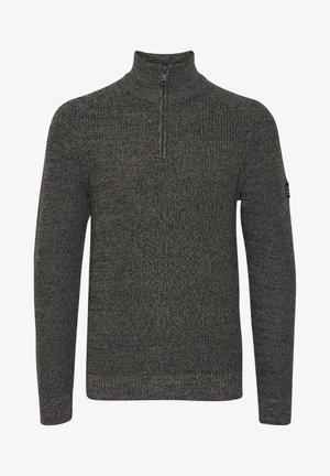 Sötétszürke félzipzáras pulóver struktúrált kötött anyagból, hosszú ujjakkal és felálló gallérral. Megjegyzés: kis logó a ujján.
