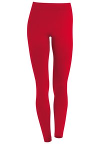 Leggings rouges en tissu extensible avec une texture lisse, comportant une taille haute et un design ajusté sur toute la jambe.