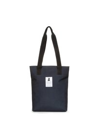 Laabag navy kanssa kaksi mustaa kahvaa, suorakulmainen muoto, etiketti edessä tekstillä, kestävästä kankaasta valmistettu, minimalistinen muotoilu.