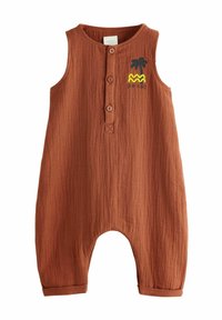Combinaison en coton marron sans manches, avec un devant à boutons, un palmier brodé et le texte "SUN VIBES", ainsi qu'un ourlet roulé aux jambes.