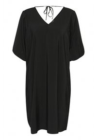 Black dress made of smooth fabric, featuring a V-neck with tie detail, short puff sleeves, and a relaxed silhouette.