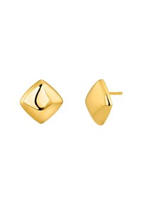 Pendientes de studs en forma de diamante de oro con una superficie lisa y brillante y una suave curvatura. El diseño simple presenta un vástago recto para su sujeción.