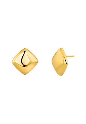 Pendientes de studs en forma de diamante de oro con una superficie lisa y brillante y una suave curvatura. El diseño simple presenta un vástago recto para su sujeción.