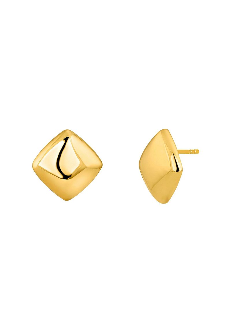 Pendientes de studs en forma de diamante de oro con una superficie lisa y brillante y una suave curvatura. El diseño simple presenta un vástago recto para su sujeción.