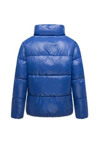 Blue puffer jacket featuring a shiny, quilted design with a high collar and long sleeves. Smooth, glossy texture with horizontal stitching.