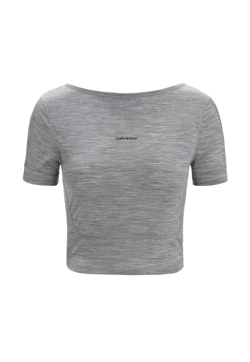 Grijze cropped top met korte mouwen, gemaakt van zachte, gestructureerde stof. Heeft een brede halslijn en een klein "icebreaker" logo aan de voorkant.