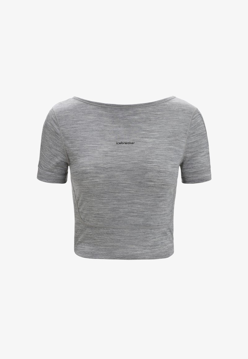 Haut court à manches courtes gris fabriqué en tissu doux et texturé. Doté d'un décolleté large et d'un petit logo "icebreaker" sur le devant.