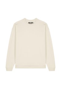 Sudadera color crema confeccionada en tejido suave, con cuello redondo, mangas largas y dobladillo y puños acanalados; diseño minimalista.