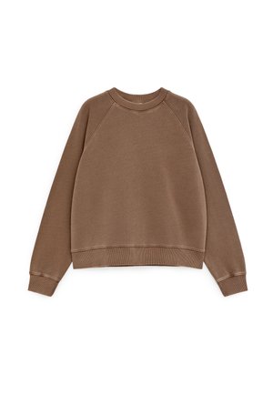 Brown crewneck sweatshirt with long sleeves, ribbed cuffs, neckline, and hem, displayed on a white background.