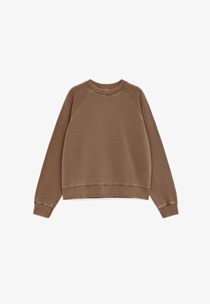 Brown crewneck sweatshirt with long sleeves, ribbed cuffs, neckline, and hem, displayed on a white background.