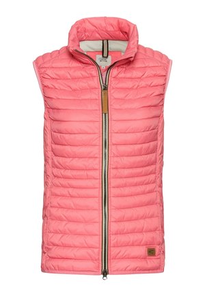 Rosa gesteppte Weste mit hohem Kragen, Frontreißverschluss und Lederakzenten. Verfügt über horizontale Nähte und ein Logopatch an der unteren Seite.