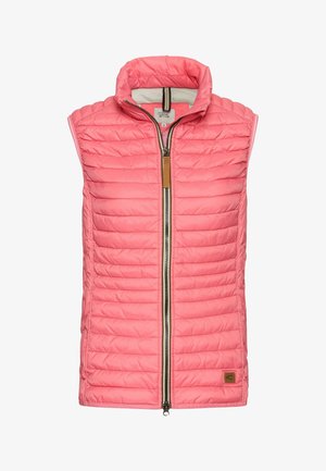 Rosa gesteppte Weste mit hohem Kragen, Frontreißverschluss und Lederakzenten. Verfügt über horizontale Nähte und ein Logopatch an der unteren Seite.
