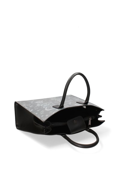 Borsa nera con un design strutturato, caratterizzata da un esterno grigio a motivo, doppi manici e una tasca interna con zip.