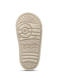 Suola di scarpa in gomma di un beige chiaro con motivi testurizzati, dettaglio circolare centrale e logo "Falcotto" in rilievo.