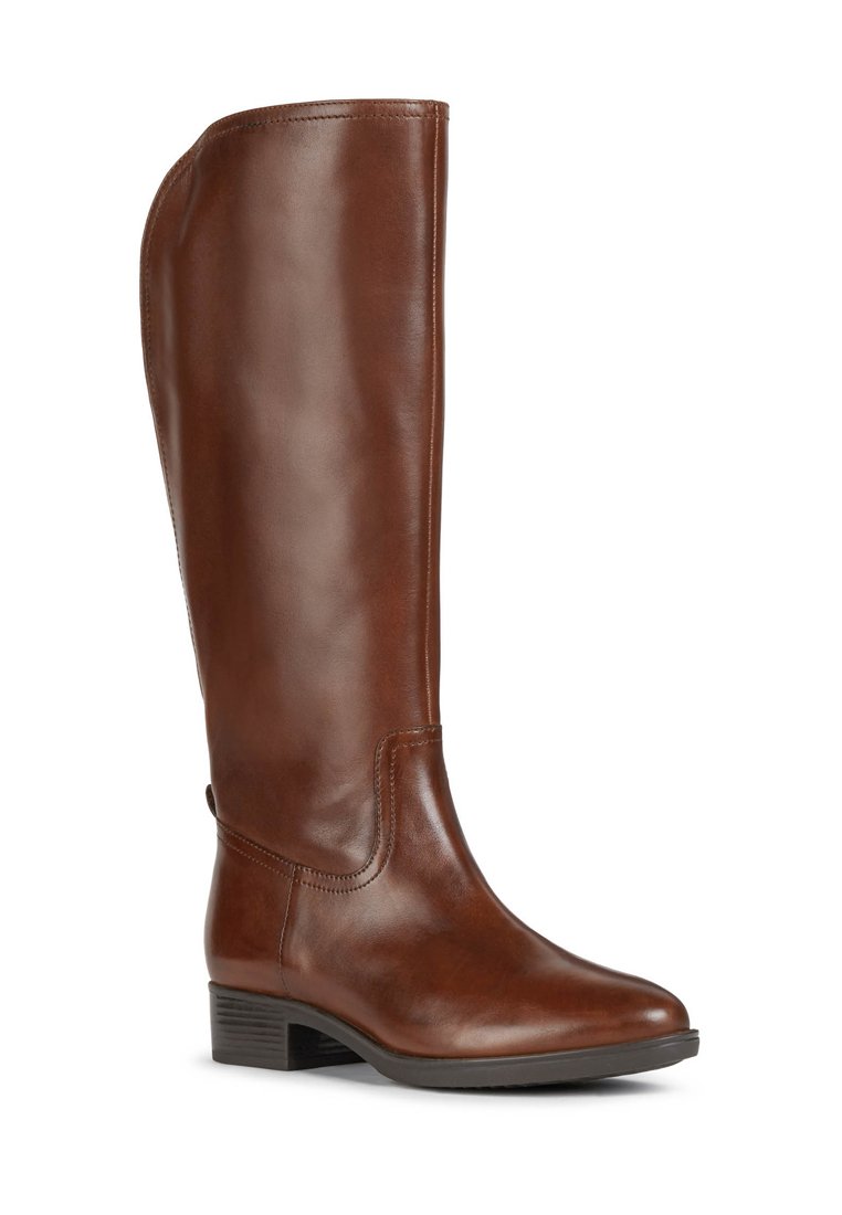Braune Lederstiefel in kniehoher Länge mit glatter Oberfläche, rundem Zeh und niedrigem, gestapeltem Absatz. Sie verfügen über dezente Nähte und eine taillierte Silhouette.