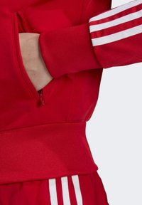 Czerwona sportowa kurtka z kieszenią na zamek, ściągaczami na mankietach i pasie oraz białymi paskami na rękawach. Gładka faktura.