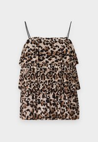 Bluza s uzorkom leoparda s tri sloja volana, izrađena od lagane tkanine. Ima tanke crne naramenice i plisirani uzorak u bež i smeškastoj boji.