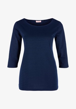 Haut pour femmes bleu marine avec manches trois-quarts et encolure ronde, silhouette ajustée sans motifs ni détails supplémentaires.
