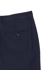Marineblaue kariert Hosen mit glatter Textur, ausgestattet mit einer Gesäßtasche mit Knopfverschluss. Klare Linien und taillierte Passform.