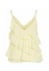 Haut sans manches jaune clair avec volants superposés et bretelles fines réglables, présentant un décolleté en V.