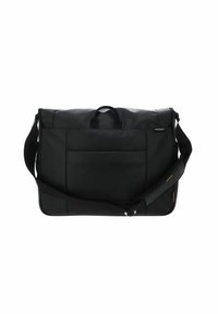 Schwarze Umhängetasche mit elegantem Design, aus haltbarem Material hergestellt. Verfügt über einen umklappbaren Deckel, eine Vordertasche und einen verstellbaren Schultergurt.