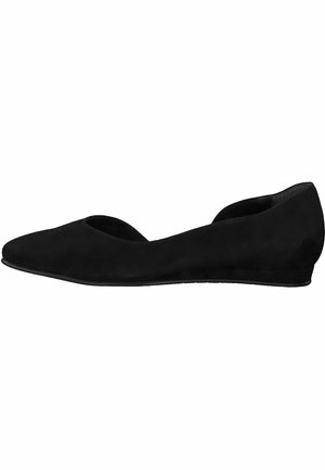 Ballet flat en suède noir avec un bout arrondi, des côtés ouverts et un petit talon. Texture lisse et design minimaliste. Pas de motifs ni de métalliques visibles.