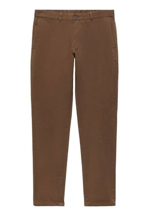 Smeđe pamučne hlače s ravnim izrezom, sa petljama za remen, prednjim dugmetom za zatvaranje i bočnim džepovima. Glatka tekstura.