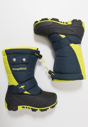 Blue and yellow waterproof boots featuring a rubber sole, textured fabric, and adjustable straps with metallic hardware and pull tabs.